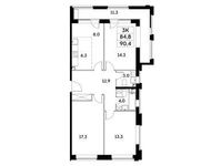 Планировка 3-комнатной квартиры, 84,8 м2