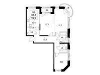 Планировка 3-комнатной квартиры, 88,5 м2