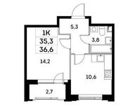 Планировка 1-комнатной квартиры, 35,3 м2