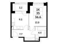 Планировка 1-комнатной квартиры, 35 м2