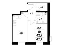 Планировка 1-комнатной квартиры, 42,9 м2