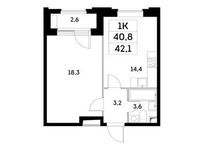 Планировка 1-комнатной квартиры, 40,8 м2