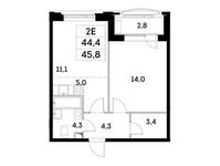 Планировка 2-комнатной квартиры, 44,4 м2