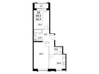 Планировка 2-комнатной квартиры, 60,1 м2