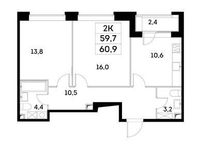 Планировка 2-комнатной квартиры, 59,7 м2