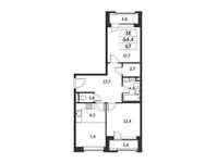 Планировка 3-комнатной квартиры, 64,4 м2