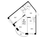 Планировка 3-комнатной квартиры, 74,4 м2