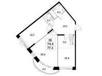 Планировка 3-комнатной квартиры, 74,3 м2