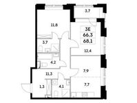 Планировка 3-комнатной квартиры, 66,3 м2