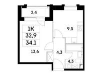 Планировка 1-комнатной квартиры, 32,9 м2
