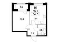 Планировка 1-комнатной квартиры, 35,2 м2