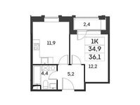 Планировка 1-комнатной квартиры, 34,9 м2
