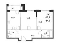 Планировка 2-комнатной квартиры, 62,7 м2