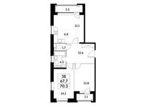 Планировка 3-комнатной квартиры, 67,6 м2
