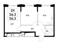Планировка 2-комнатной квартиры, 56,3 м2