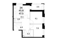 Планировка 2-комнатной квартиры, 45,8 м2