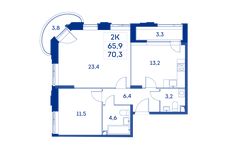 Планировка 2-комнатной квартиры, 65,1 м2