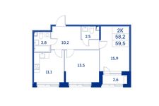 Планировка 2-комнатной квартиры, 58,2 м2