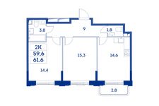 Планировка 2-комнатной квартиры, 59,6 м2