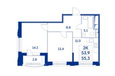 Планировка 2-комнатной квартиры, 53,9 м2