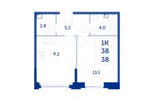Планировка 1-комнатной квартиры, 38 м2