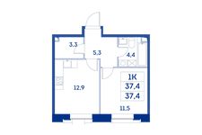 Планировка 1-комнатной квартиры, 37,4 м2