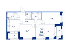 Планировка 3-комнатной квартиры, 78 м2