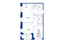 Планировка 3-комнатной квартиры, 62,9 м2