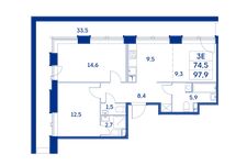 Планировка 3-комнатной квартиры, 74,5 м2