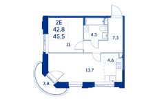 Планировка 2-комнатной квартиры, 42,2 м2
