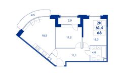 Планировка 2-комнатной квартиры, 61,4 м2