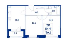 Планировка 2-комнатной квартиры, 54,9 м2