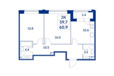 Планировка 2-комнатной квартиры, 59,7 м2