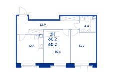 Планировка 2-комнатной квартиры, 60,2 м2