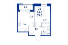 Планировка 2-комнатной квартиры, 34,6 м2