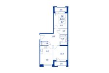 Планировка 3-комнатной квартиры, 64,4 м2
