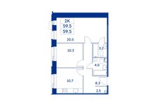 Планировка 2-комнатной квартиры, 59,5 м2