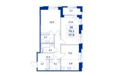 Планировка 3-комнатной квартиры, 76,1 м2