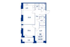 Планировка 3-комнатной квартиры, 62,9 м2