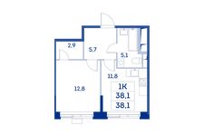 Планировка 1-комнатной квартиры, 38,1 м2
