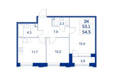 Планировка 2-комнатной квартиры, 53,1 м2