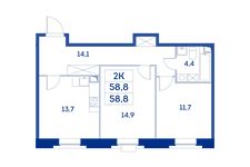 Планировка 2-комнатной квартиры, 58,8 м2