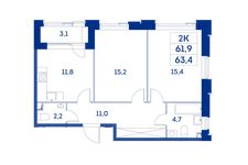 Планировка 2-комнатной квартиры, 61,9 м2