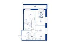 Планировка 3-комнатной квартиры, 71,9 м2