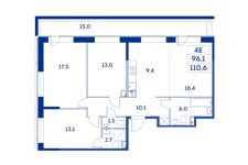 Планировка 4-комнатной квартиры, 96,1 м2