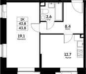 Планировка 1-комнатной квартиры, 43,8 м2