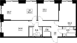Планировка 3-комнатной квартиры, 85,4 м2