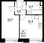 Планировка 1-комнатной квартиры, 34,3 м2