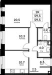 Планировка 2-комнатной квартиры, 59,5 м2