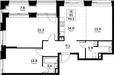 Планировка 3-комнатной квартиры, 85 м2